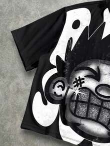 Manfinity Roghcode Camiseta suelta y corta con estampado de cara grande y dientes de diamante distorsionados y divertidos en todo el diseño (alta calidad) para hombres - Negro - Ver 5