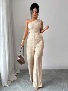 Louniche 优雅单肩褶皱连体裤，收腰设计，休闲日常穿着，约会之夜，婚礼季派对，中东阿联酋纹理浅杏色 - 杏色 - 查看 4