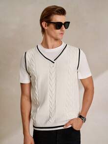 Manfinity CityGents Men's Casual Daily Contrast Trim Cable Knit V-Neck Sweater Vest Men Knit Tops Cream Top Men Men Knit Tank Top Men Cable Knit Men Summer Wear