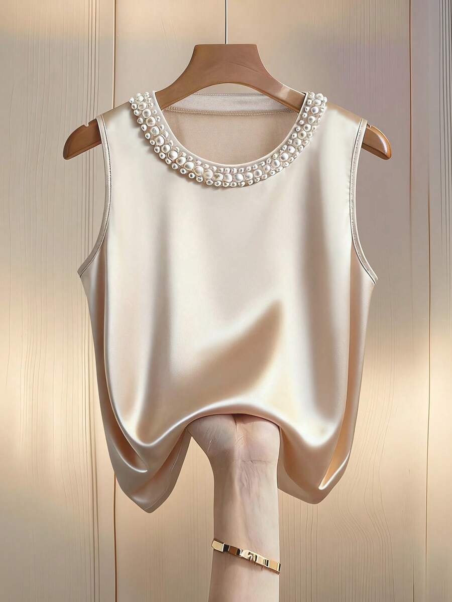 Franclia Áo hai dây dáng rộng, thanh lịch, cổ tròn, đính ngọc trai, chất liệu poplin, màu mơ, thích hợp mặc thường ngày hoặc đi làm, phù hợp cho kỳ nghỉ và đi làm hàng ngày. - Màu be - Xem 1