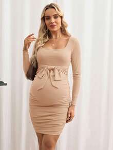 SHEIN 孕妇夏季休闲日常通勤纯色方领系带腰部褶皱修身连衣裙 - 卡其色 - 查看 4