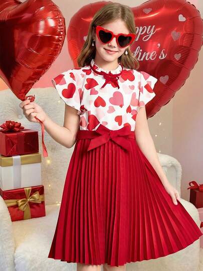 SHEIN 女童心形图案情人节连衣裙，蝴蝶结装饰，荷叶边领，飘逸袖子，褶皱设计，红色休闲连衣裙，适合情人节拍照和日常穿着