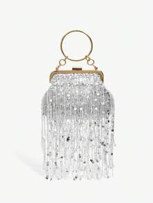 SHEIN SXY Red Clutch Bag For Women, Fashion Minimalist Design, Customizable, Classic Versatile, Faux Feather Decor, Bright Pink, Suitable For Cocktail Party, Party, Prom, Club, Date, Birthday, Formal Dinner, Valentine's Day, New Year - Silver - View 1