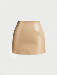 Sweetra Falda A-Line plisada asimétrica de cuero sintético PU, cintura alta, elegante, para otoño/invierno - Caqui - Ver 2