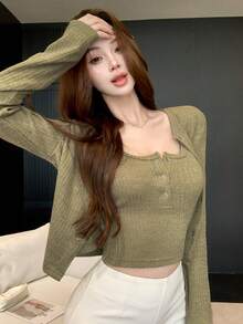 DAZY 2pcs Women Autumn/Winter Fashion Brown Fuzzy Fitted Crop Top & Cardigan Set - Dark Green - View 6