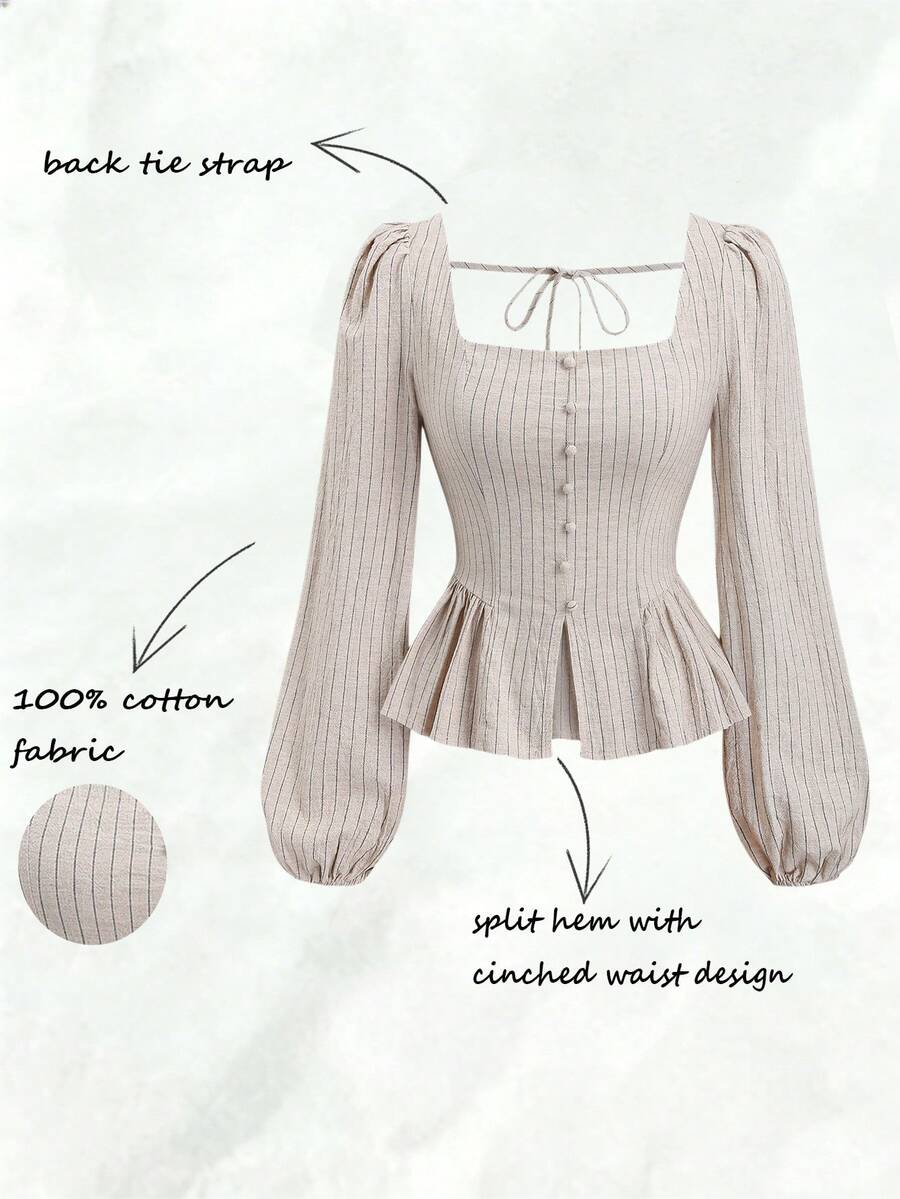 Chiquease French Style Striped Square Collar Women Shirt - Khaki - View 1