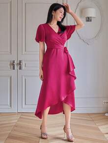 DAZY 缎面优雅长款裹身连衣裙，适合情人节、婚礼、派对、正式场合，时尚修身，通勤穿着，春夏连衣裙 - 玫紅色 - 查看 3