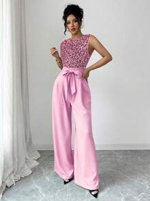 SHEIN Raffinéa 法式优雅度假连体裤，透视亮片拼接，后背拉链；腰部配有布腰带，泡泡袖褶皱设计，阔腿裤 - 粉色 - 查看 5