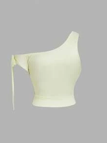 SHEIN MOD Große Größen Gelb Lilie Blumen Muster asymmetrischer Metall Blumen Saum Crop Top, elegantes unausgewogenes Design Bluse, geeignet für Frühling/Sommer Urlaub und Dates - Gelb - Übersicht 2