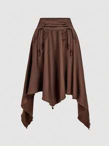 SHEIN MOD Plus Size Asymmetric Beaded Brown Long Skirt, Vintage Style, Stylish Design, Spring/Summer.Spring And Summer Vacation Outfits.Old-School Style, Business Office.Spring And Summer In Bohemia - Brown - View 4