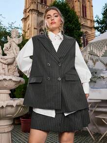 VOLUPTÉ CURVE Plus Size Women's Vintage French Commuter Striped Sleeveless Vest Jacket, Double-Breasted Design With Front Pockets, Irregular Hem, Mid-Length, Fashionable & Slimming - Dark Grey - View 5