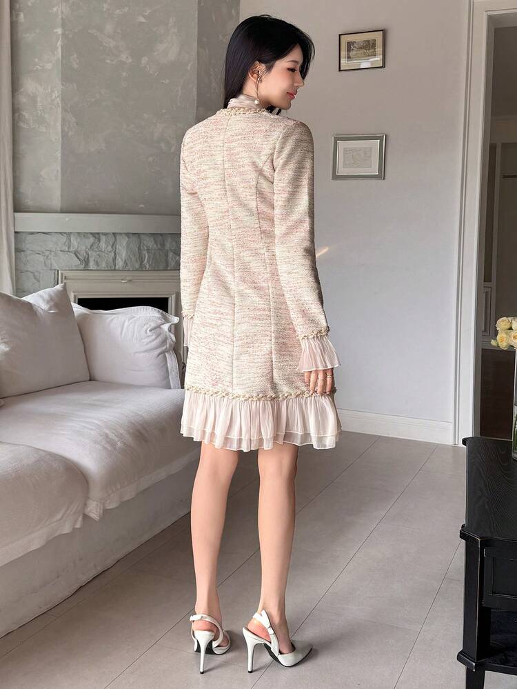 Elegant Ruffle Trim Tie Waist Women's Mini Dress, Spring Wedding Guest Dress Sundress