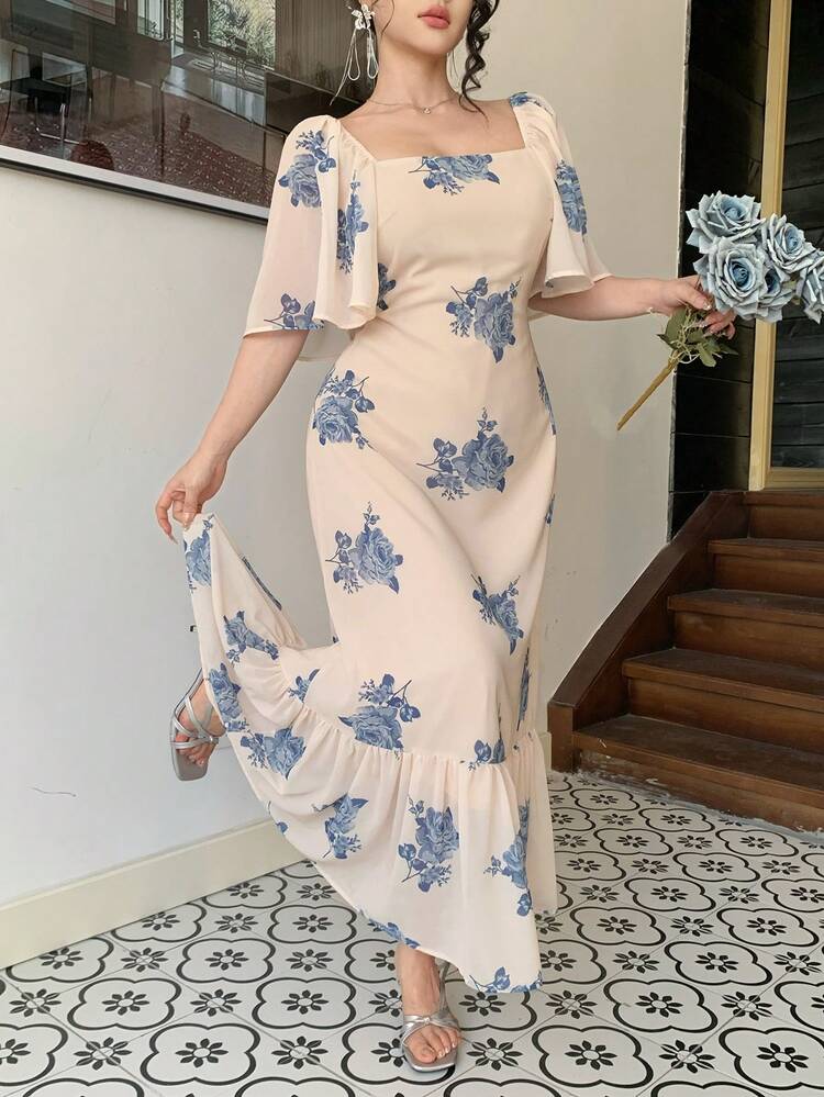 Women's Elegant Floral Print Square Neck Ruffle Sleeve Dress, Summer Wedding Guest Dress Easter Sundress