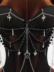 Mistrie Damen Slim Fit Sexy Träger Ketten Dekor Bodysuit, geeignet für Musikfestivals, Frühling/Sommer - Schwarz - Übersicht 5