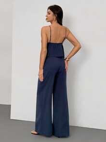 SHEIN Tall 2pcs Women Cotton Linen Camisole And Long Pants Set, Dark Blue Cotton 2 Pieces Set Spaghetti Strap Top And Palazzo Pants Womens Casual Palazzo Set - Navy Blue - View 3