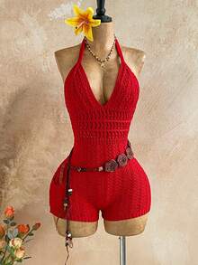 Soleia Romper Wanita Merah Chic untuk Liburan Musim Panas, Rajutan Gradien, Leher V Dalam, Tanpa Punggung, Pakaian Terusan Rajutan Pas Badan yang Modis untuk Pesta & Pantai - Burgundy - View 4