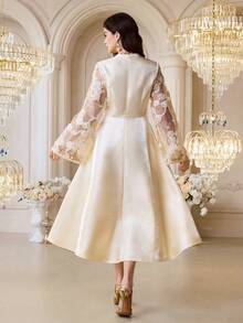 Modelyn 女士优雅派对礼服，饰有亮片拼接、透视网纱袖和收腰设计，缎面面料 - 杏色 - 查看 2