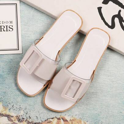 Sandalias de tiras para mujer: sandalias de verano transparentes con hebilla cuadrada, de tacón bajo, para llevar a diario o en la playa