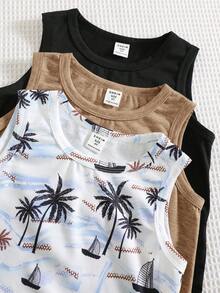 3件套男童休闲度假风棕榈树印花无袖宽松针织背心套装，适合上学、度假、春夏季穿着 - 駝色 - 查看 3