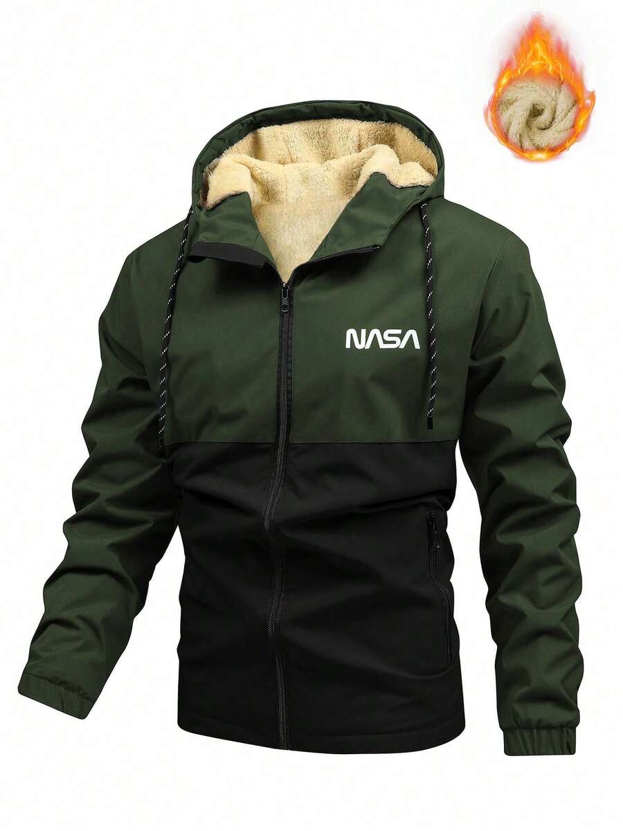 Manfinity Homme Loose-Fit Men's Long Sleeve Color Block Letter Print Hooded Fleece Jacket , Autumn Grunge - Black - View 1