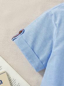 Casuvi Kids 1pc Tween Boys' Mandarin Collar Casual Solid Blue Short Sleeve Shirt, Front CSV Graphic, Versatile Spring/Summer Sky Blue Shrit For Kids Boys Sky Blue Shirt For Kids Boys - Blue - View 8