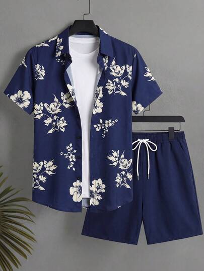 Manfinity Swimmode Men's Floral Print Short Sleeve Shirt And Drawstring Waist Shorts Beach Outfit, Summer Short 2pc Men Set Flowers Men Floral Short Set