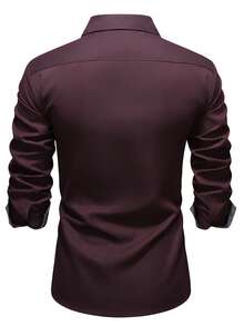 Manfinity Mode Camisa casual de hombre con manga larga, diseño de parches a cuadros - Marrón Chocolate - Ver 2