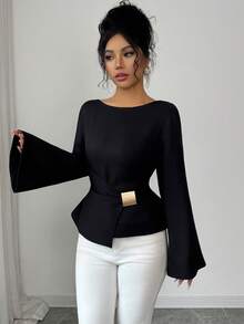 Elenzga Áo sơ mi nữ dáng suông, tay chuông, thắt eo trang trí khóa kim loại, cỡ tiêu chuẩn, thích hợp cho công sở. - màu đen - Xem 4