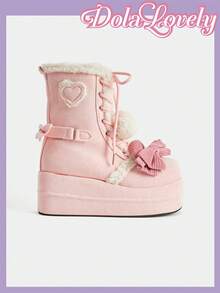Dola Lovely Bottes courtes femme à semelle épaisse avec décoration en nœud et fourrure - Rose bonbon - Voir 9