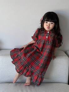 DAZY 女嬰韓式格紋長袖荷葉領舒適居家服幼兒 - 紅色 - 查看 2