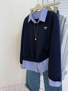 INAWLY Plus Size Casual Loose Striped 2 In 1 Shirt Collar Graphic Print Sweatshirt - Royal Blue - View 4