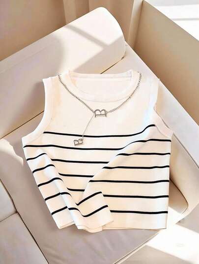 Resyla Camiseta de tirantes de mujer con estampado de rayas, cuello redondo, ajuste ceñido, versátil y casual, para primavera/verano