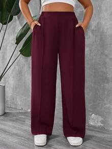 SHEIN PETITE CURVE Quần xếp ly màu trơn dành cho nữ cỡ nhỏ và cỡ lớn - Màu Đỏ Sâu - Xem 5