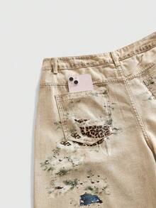 ROMWE MEN Street Life Men's Wasteland Leopard Print Pocket Casual Denim Shorts - Brown - View 7