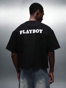 PLAYBOY X SUMWON 短款修身圆领T恤，背面印花醒目，个性图案，休闲夏季上衣 - 黑色 - 查看 4