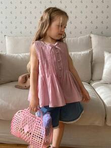 Dazy Kids Áo kiểu Hàn Quốc xếp ly bèo nhún không tay thắt nơ cho bé gái - Hồng - Xem 7