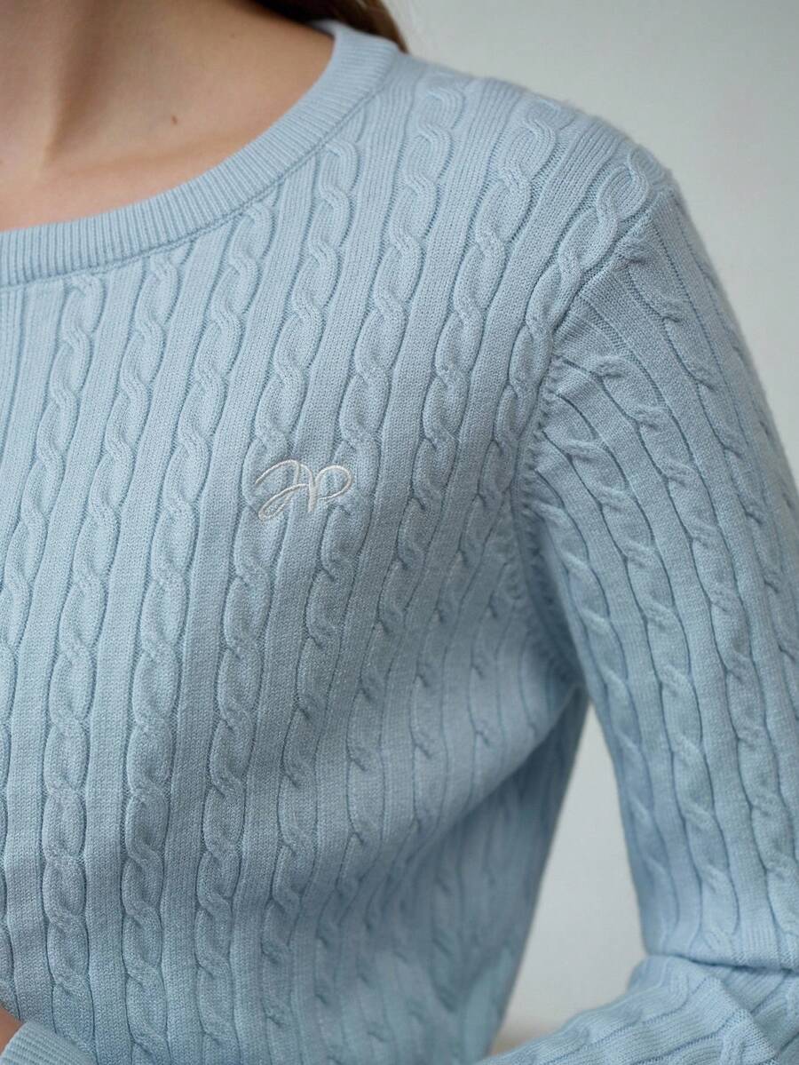 MOTF WOMEN'S EMBROIDERED LETTER PATTERN CABLE KNIT CARDIGAN - Blue - View 2