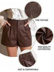 SHEIN Clasi Quần short da PU dập nổi dáng rộng, cạp cao, có túi, dành cho nữ cỡ lớn, thích hợp cho mùa đông, Giáng sinh và năm mới. - màu nâu - Xem 2