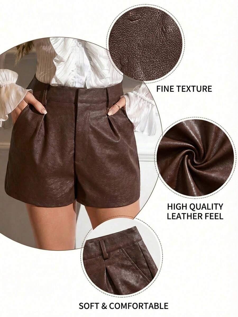 SHEIN Clasi Quần short da PU dập nổi dáng rộng, cạp cao, có túi, dành cho nữ cỡ lớn, thích hợp cho mùa đông, Giáng sinh và năm mới.