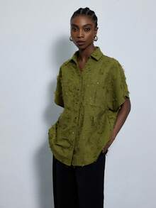 Aveloria Modichic Tissu jacquard à franges, décoration de poche, chemise ample avec col à cordon de serrage à la taille et boutons - Vert - Voir 6
