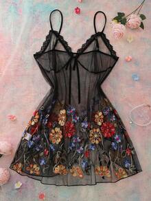 FloralLove Plus Size Women Sexy Spaghetti Strap Nightgown With Floral Embroidery And Side Slit Hem - Multicolor - View 2