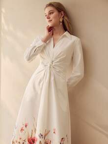 MOTF PREMIUM WOMEN'S ELEGANT TWIST FLORAL PRINT SHIRT DRESS - Pearl White - View 4