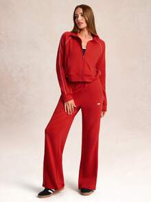 GLOWMODE SoftSerene 莫代尔撞色滚边腰部拇指孔修身拉链卫衣，适合日常休闲穿着，秋冬款 - Fiery Red - 查看 6