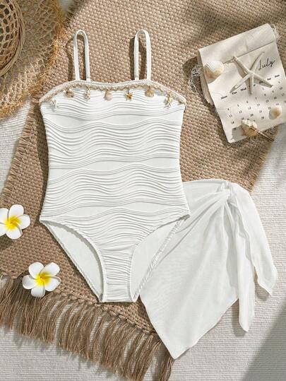 SHEIN Traje de baño de una pieza para niñas preadolescentes con tela texturizada y falda de malla, adecuado para la playa, la piscina, el ocio y las vacaciones, primavera/verano