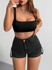 EURMUSE High Waist Button Detailed Denim Short - Black - View 5