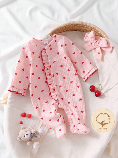 Newborn Baby Pajamas-2 Piece Pajama Set Pink Heart Print Ruffle Trim Round Neck Long Sleeve Footed Romper With Matching Bow Headband Baby Newborn Sleepwear One Piece Pajamas Four Seasons 2026 New Year Holiday Essential Gentle Breathable Cozy Cute Versatile Valentine's Day