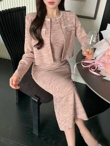 DAZY Women's Long Sleeve Cardigan And Sleeveless Fitted Dress Elegant 2-Piece Set