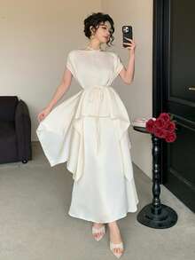 DAZY Women's Elegant Solid Color Belted Shirt & Skirt 2 Pieces Set, Spring/Summer,Wedding Guest Dress Women - Beige - View 4