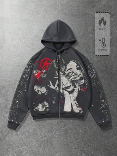 Anime Herren Street Portrait Muster Kapuzen-Reißverschluss Langarm Sweatshirt
