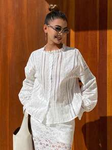 Livesso Women's Casual Lace Patchwork Puff Sleeve Shirt, Autumn/Winter - White - View 5